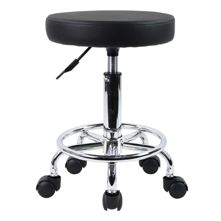 Black rolling adjustable height stool with chrome base and legs