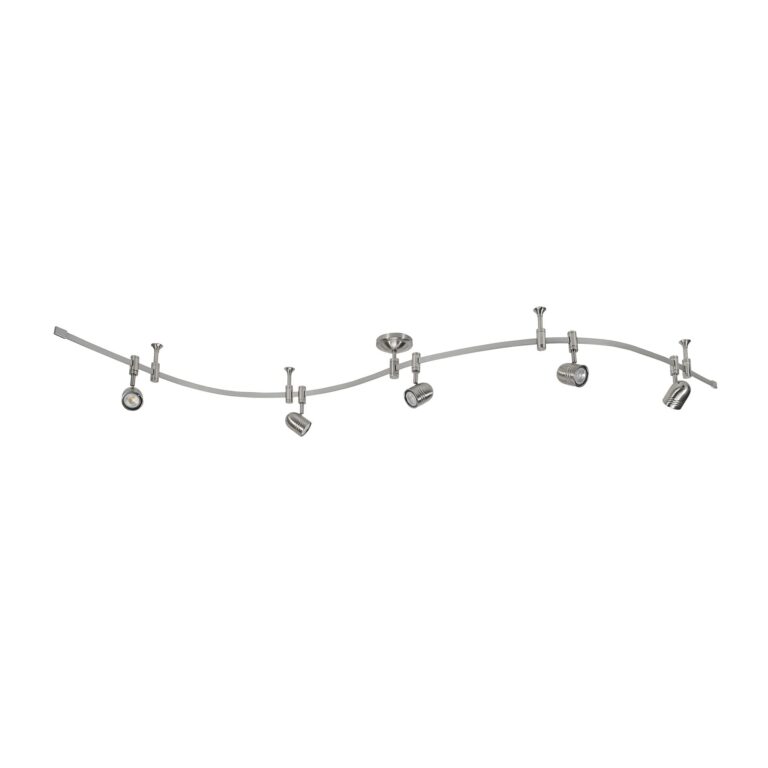 Silver track lighting fixture with five adjustable spotlights