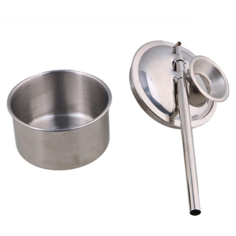 Stainless steel oil pot with lid and funnel, and a small bowl
