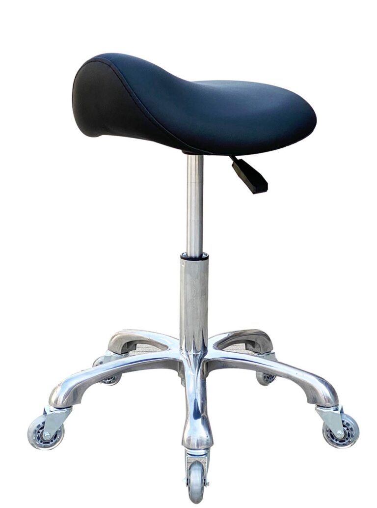 Black saddle stool with chrome base and wheels, isolated on white
