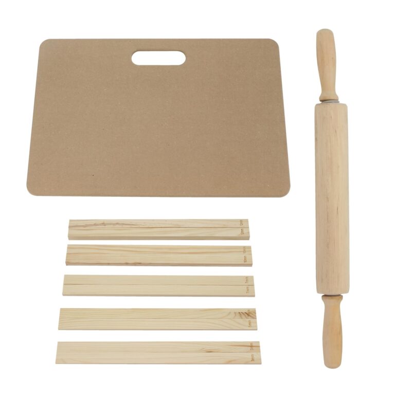 Wooden rolling pin, cutting board, and thickness guides for baking