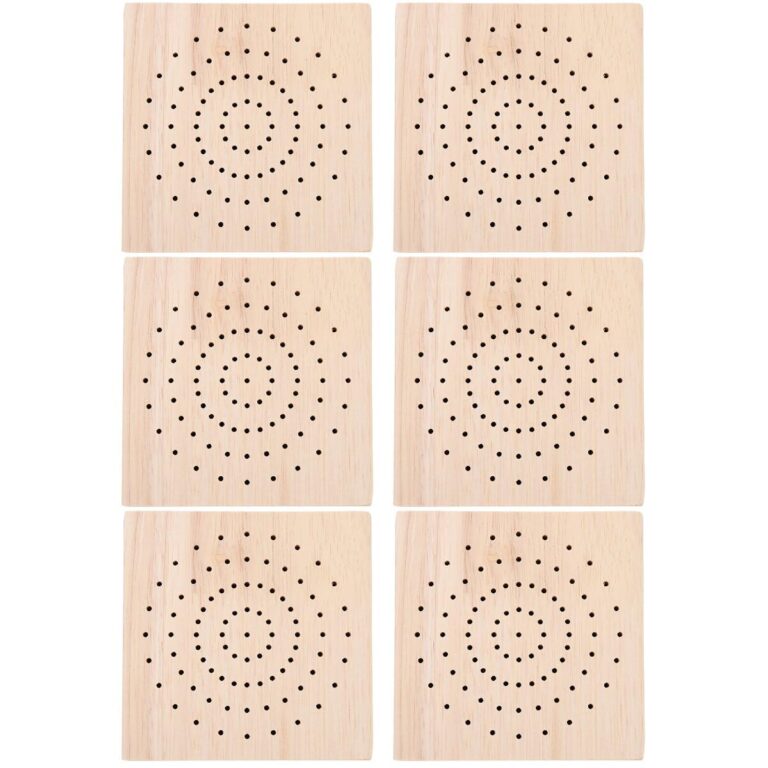 Six square wooden blocks with concentric circles of small holes