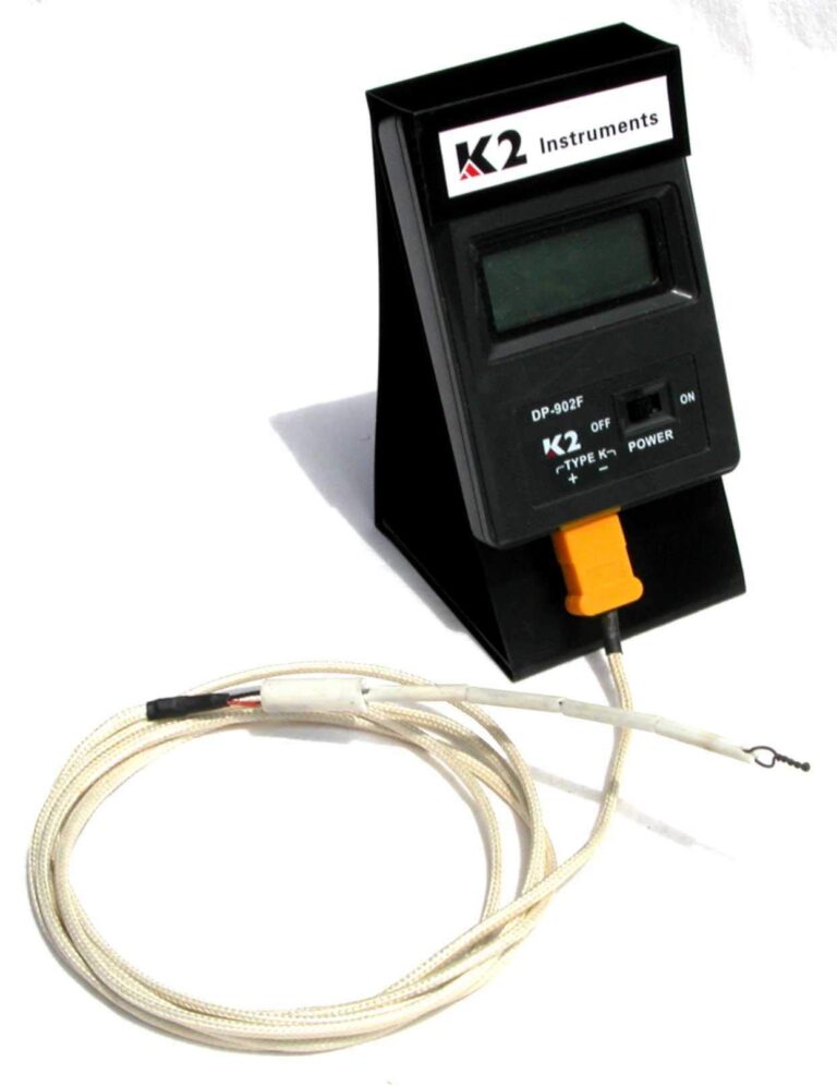 Black K2 Instruments thermometer with attached probe and coiled wire