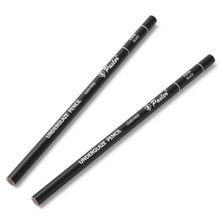 Two black Pasler underglaze pencils on a white background