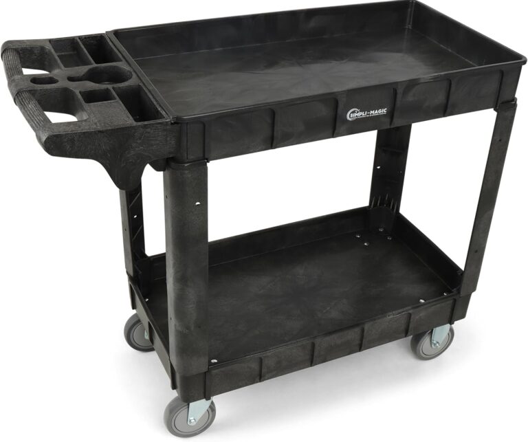 Black plastic utility cart with two shelves and handle with cup holders