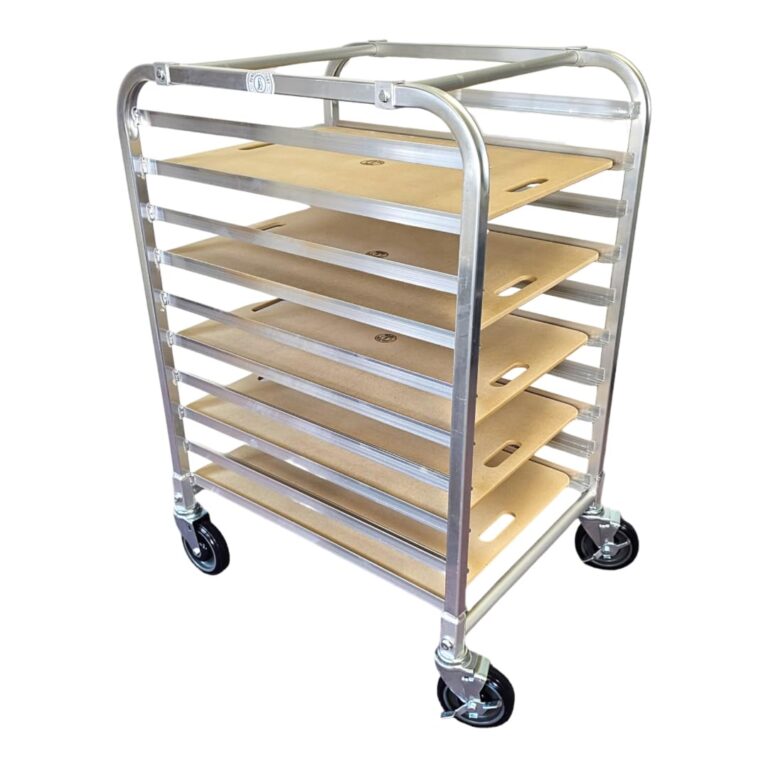 Rolling metal rack with multiple shelves holding wooden boards