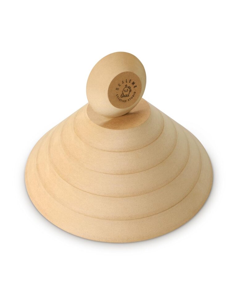 Wooden, layered, inverted cone with a small, round top piece