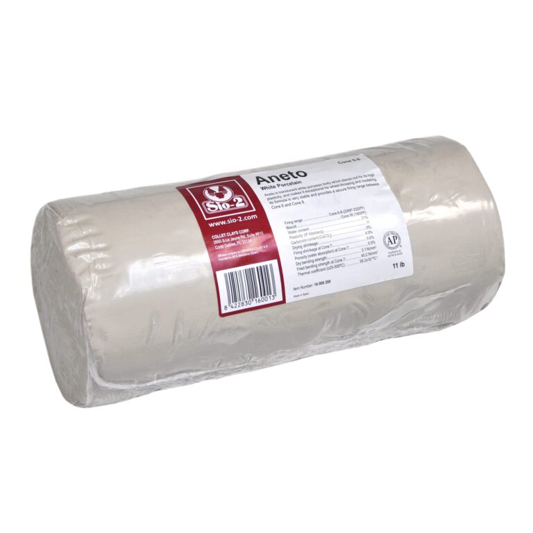 White porcelain clay cylinder wrapped in plastic with product label