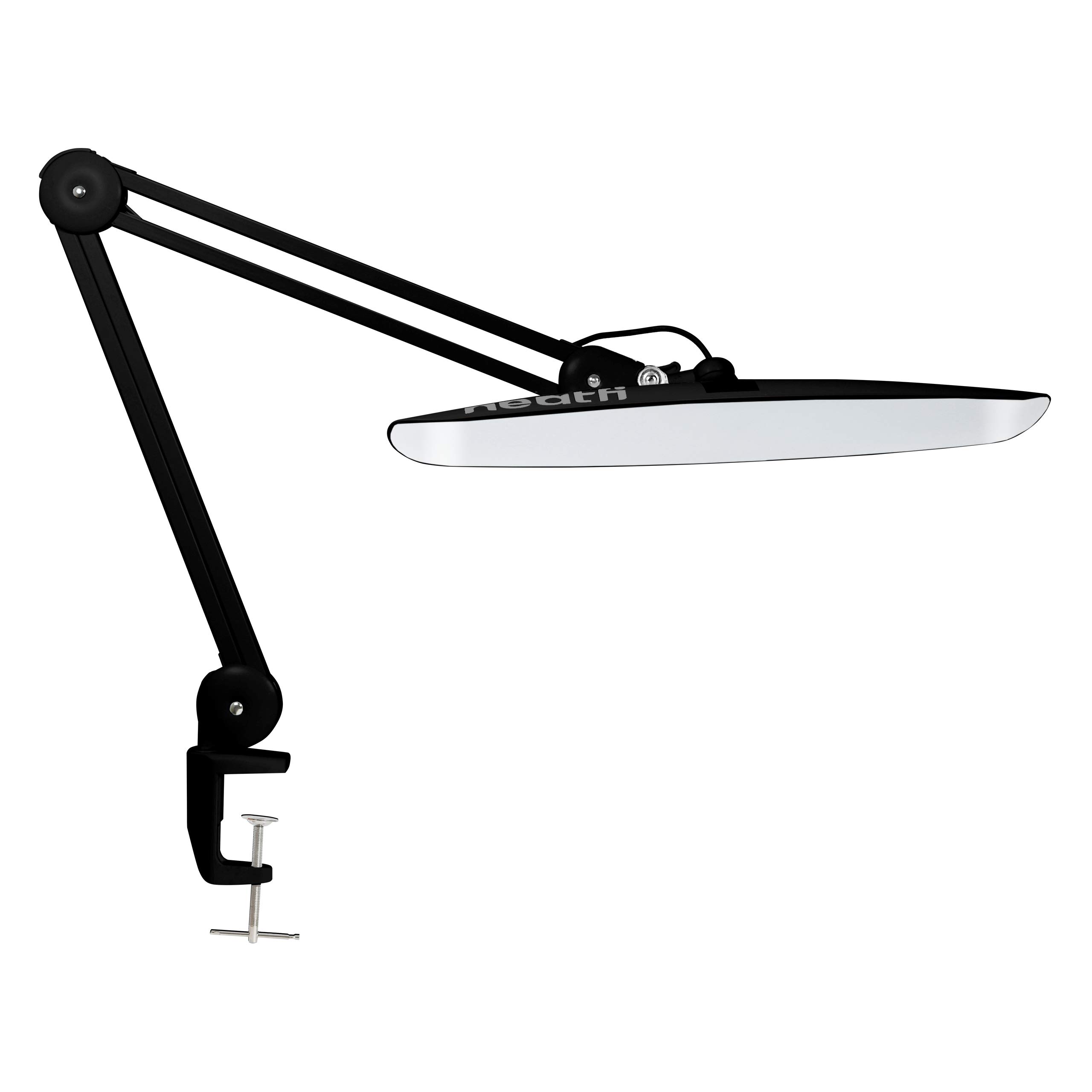 Black desk lamp with adjustable arm and clamp base