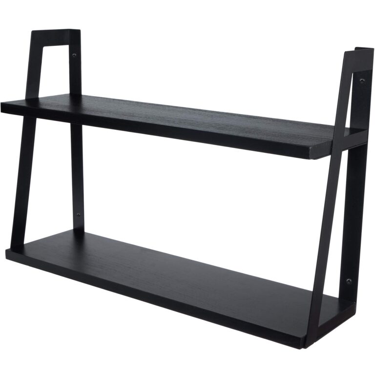 Black two-tiered wall shelf with a modern, minimalist design