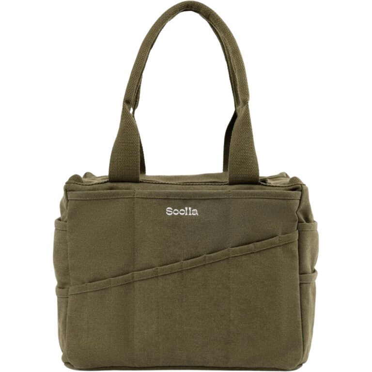Olive green canvas tote bag with "Sooila" embroidered on the front