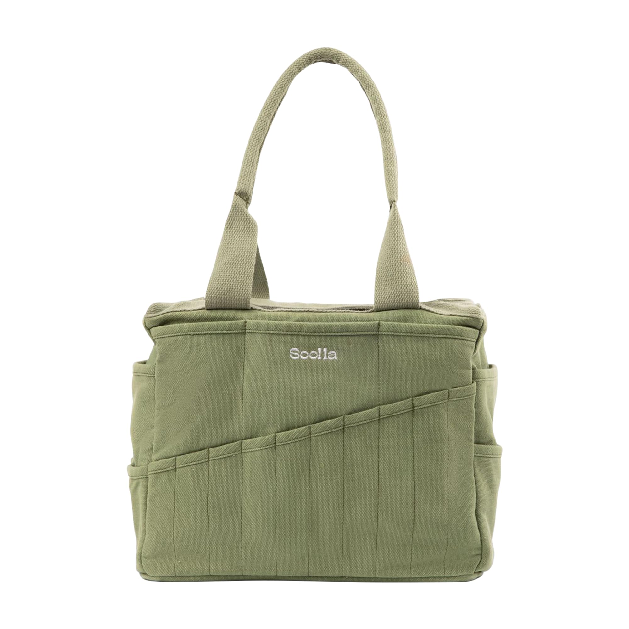 Green canvas tote bag with multiple pockets and handles