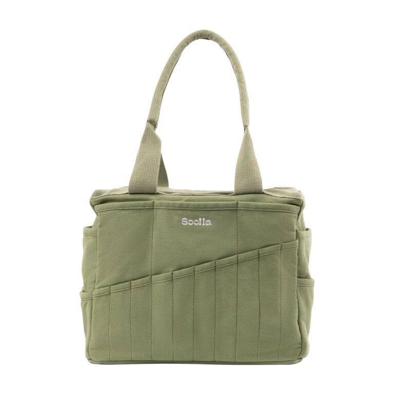 Green canvas tote bag with multiple pockets and handles