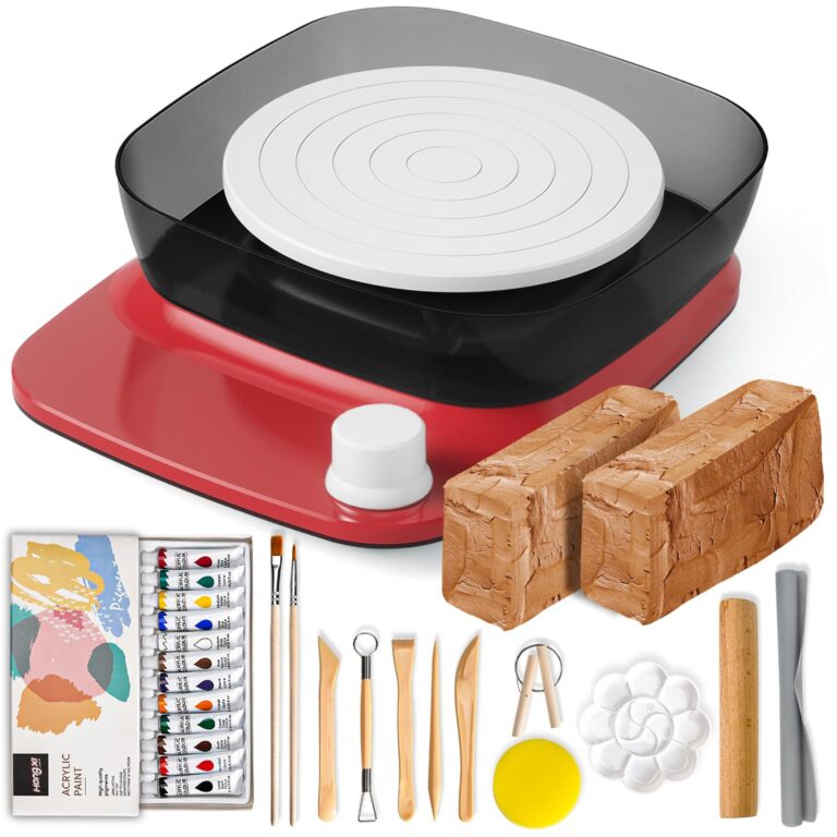 Pottery wheel kit with clay, paint, tools, and accessories for beginners