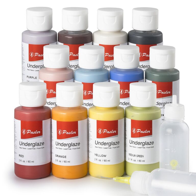 Bottles of colorful Pasler underglaze paints with a syringe and bottle