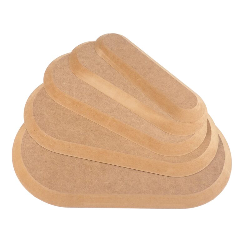 Stack of oval-shaped wooden baking mats, different sizes, on white background