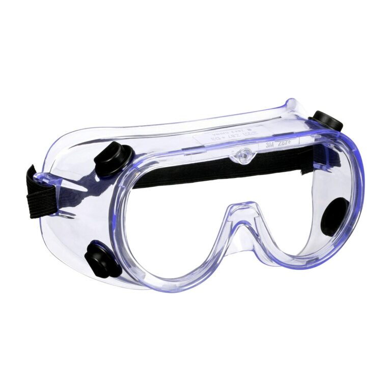 Clear safety goggles with black strap and adjustable side knobs