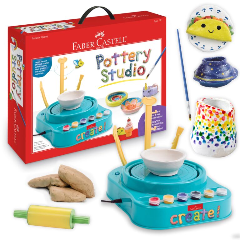 Faber-Castell Pottery Studio kit with pottery wheel, clay, and painted examples