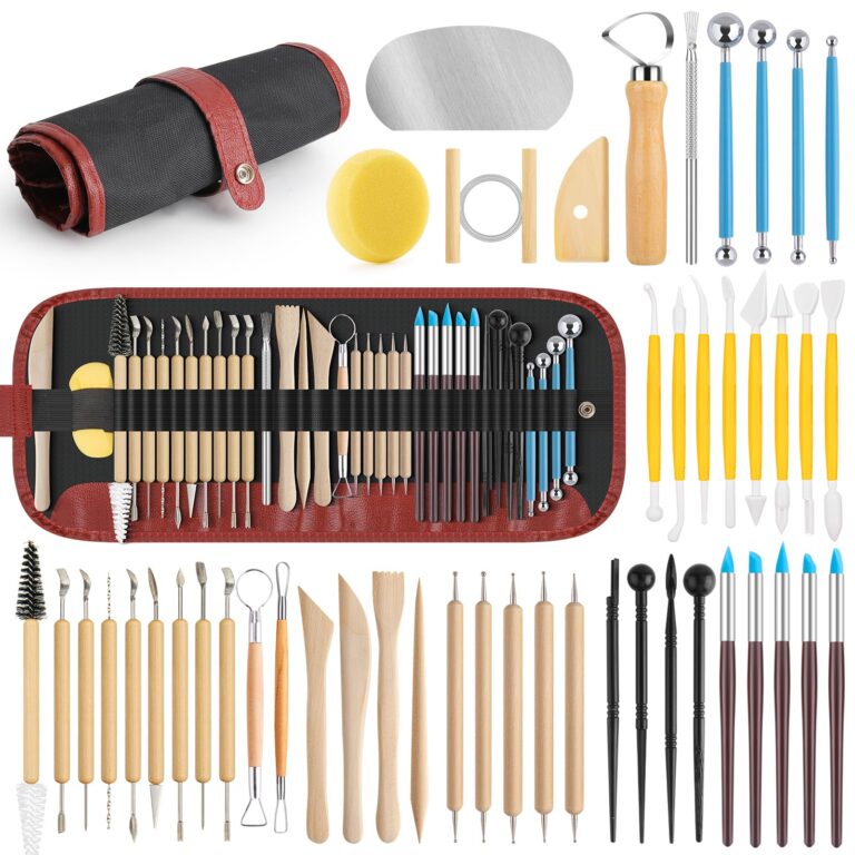 Clay sculpting tools and accessories, including a roll-up case, brushes, and various tools
