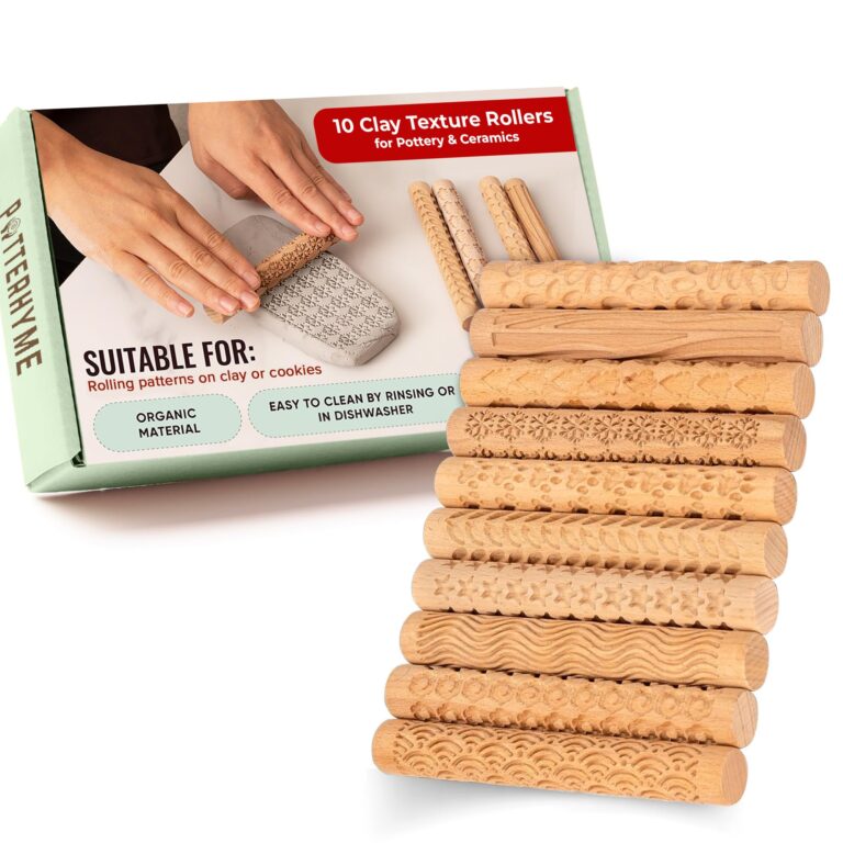 Ten wooden clay texture rollers with various patterns, displayed with packaging