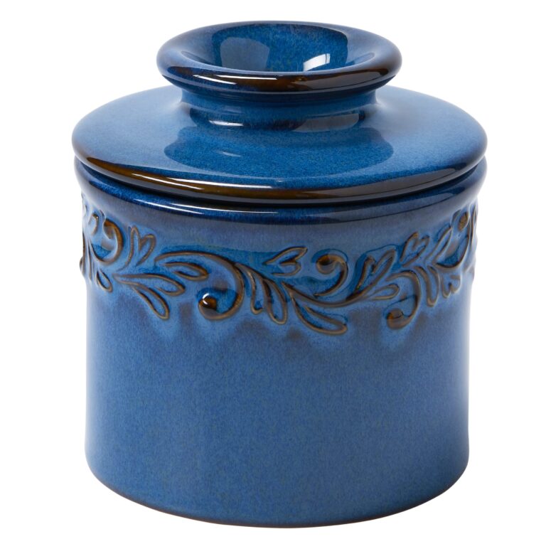 Blue ceramic butter dish with lid and decorative floral pattern