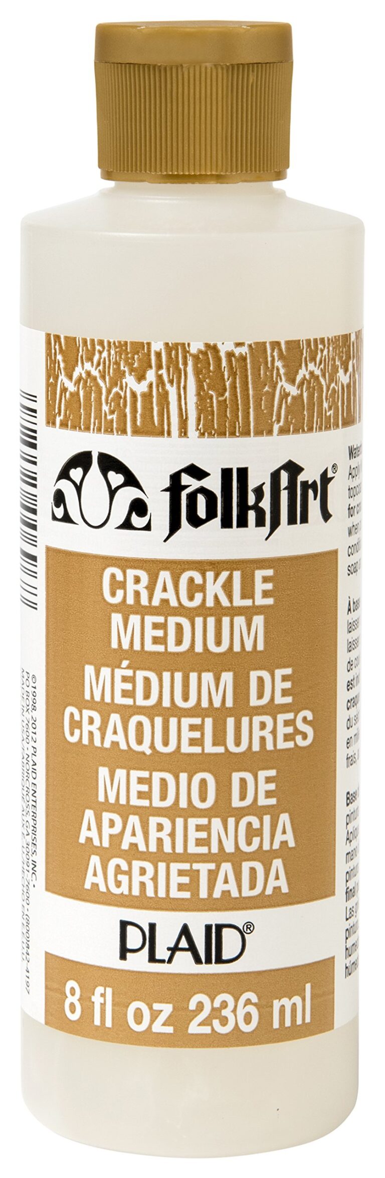 Bottle of FolkArt Crackle Medium by Plaid, with gold cap and label