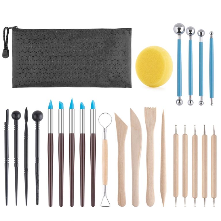 Clay sculpting tools, sponge, and carrying case arranged on a white background