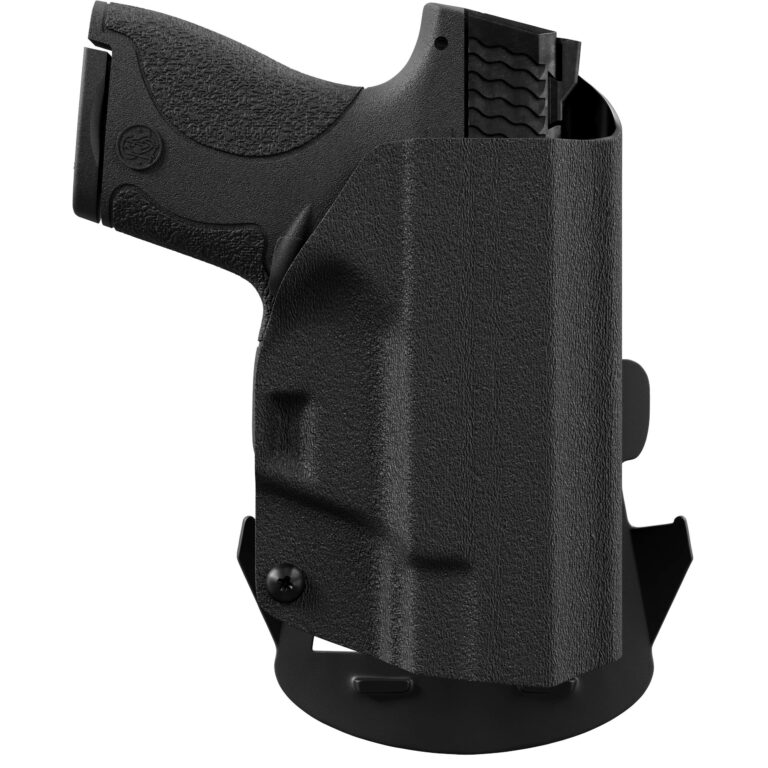 Black handgun in a black holster, isolated on a white background