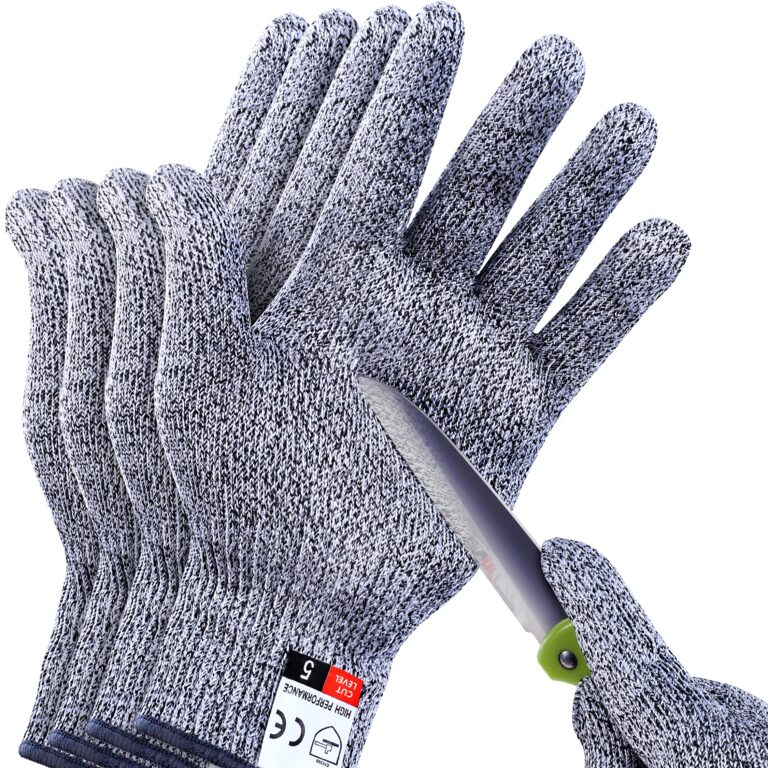 Cut-resistant gloves with a knife, demonstrating protection level 5