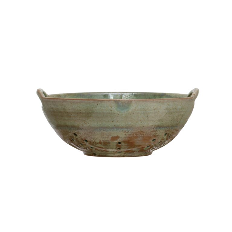 Ceramic colander bowl with handles, holes, and a green and brown glaze